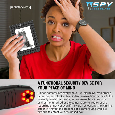 Hidden Camera Detector And Spy Camera Finder For Hotels And Travel, woman holding frame with hidden camera illustration.