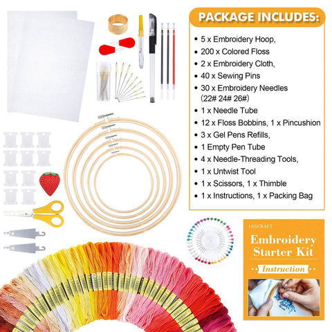 304 Pack Embroidery Starter Kit With 200 Color Floss 5 Bamboo Embroidery Hoops 2 Aida Cloths shown with tools and instructions