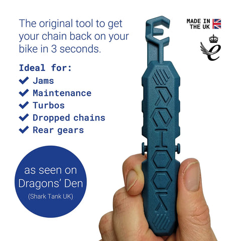 Attach To Your Bike And Get The Chain Back In Seconds Without The Mess A Handy On Bike Attachment For Quick Rear Gear Fixes Perfect Stocking Filler Blue Color Seen On Dragons Den And Loved By Cyclists product in hand