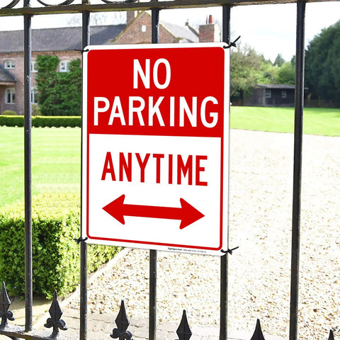 Heavy Duty No Parking Anytime Warning Sign With Bright Arrows on a gate, rust proof aluminum, ideal for front yard display.