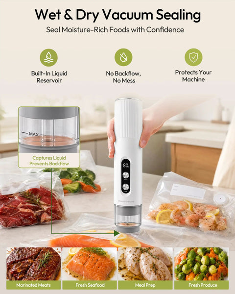 Handheld Vacuum Sealer Keeps Food Hella Fresh With Auto And Manual Modes For Wet And Dry Use Great For Meal Prep And Sous Vide, sealing wet foods.
