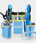 Blue 18 Piece Kids Builder Tool Set With Real Hand Tools And Reinforced Tool Belt for Waist 20-32 Inches laid out with goggles.