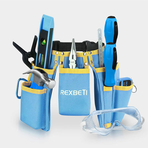 Blue 18 Piece Kids Builder Tool Set With Real Hand Tools And Reinforced Tool Belt for Waist 20-32 Inches laid out with goggles.