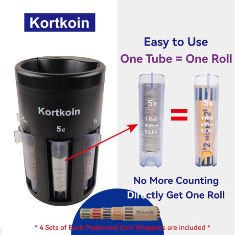 Automatic Coin Sorter And Counter 5 In 1 With Wrappers with labeled tubes and coin wrappers for easy sorting.
