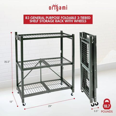 Three Tier Foldable Storage Shelf On Wheels, Heavy Duty Rolling Rack, Pewter Finish, Preassembled Portable Steel Organizer For Garage, Laundry, Shop Or Craft Room, Grab And Go Mobile Storage