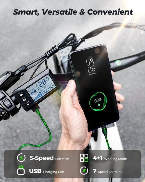 Beast 1500W Peak Electric Mountain Bike For Adults With Hydraulic Brakes, 28 MPH Top Speed, 75 To 105 Mile Range With 48V 13Ah Or 18Ah Battery, 28 Inch Step Through Full Suspension Electric Dirt Bike handlebar display and USB charging port