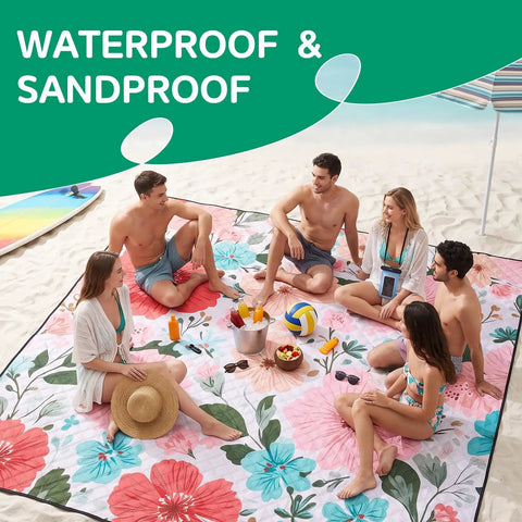 Group sitting on floral Waterproof Extra Large Picnic Blanket For Outdoor Activities Great For Beach And Camping Mat