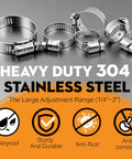 Beefed-Up 304 Stainless Steel Hose Clamps Kit With 175 Pieces, range 1/4 to 2 inches, heavy duty worm gear adjustable clamps
