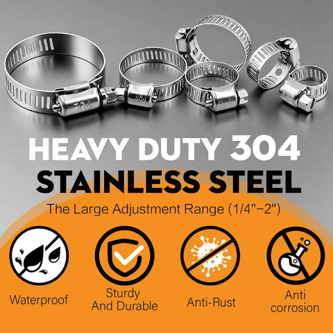 Beefed-Up 304 Stainless Steel Hose Clamps Kit With 175 Pieces, range 1/4 to 2 inches, heavy duty worm gear adjustable clamps