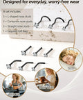 9 Piece Titanium Black Nose Studs Set with L Shaped Straight and Corkscrew Designs for Sensitive Skin Includes 20G Surgical Grade G23 Titanium Nostril Rings Featuring Sparkling Diamond CZ displayed on a light background.