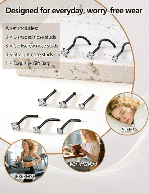 9 Piece Titanium Black Nose Studs Set with L Shaped Straight and Corkscrew Designs for Sensitive Skin Includes 20G Surgical Grade G23 Titanium Nostril Rings Featuring Sparkling Diamond CZ displayed on a light background.