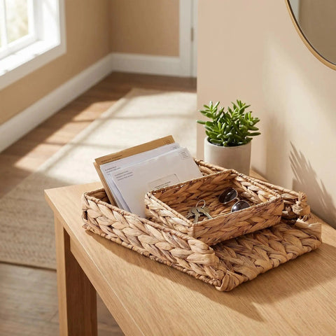 Water Hyacinth Paper Tray Organizer 3 Piece Desk Set For Home Office Open Front Mail Sorting Trays Active File Storage And Woven Basket