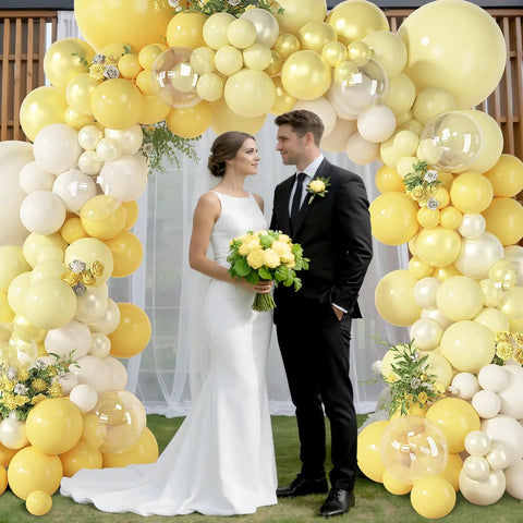 Epic 173 Piece Yellow Balloon Arch Kit With Double Stuffed Pastel Yellow White Sand Balloons And Clear Balloons For Wedding