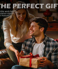 Two people sitting in a cozy room exchanging a wrapped gift with text overlay 'The Perfect Gift'.