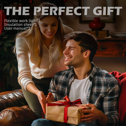 Two people sitting in a cozy room exchanging a wrapped gift with text overlay 'The Perfect Gift'.