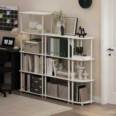 Turn N Tube Toolless 5 Tier Open Storage Shelf No Tools Needed Easy Assembly Bookcase For Living Room Home Office Bedroom White Finish Open Back Display For Books Decor And Office Supplies in white, styled with books and decor