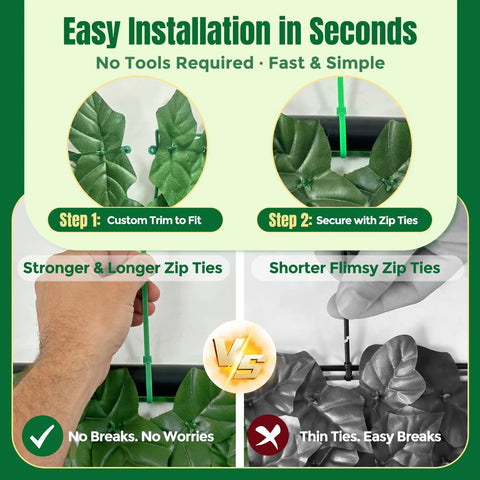 Easy installation steps for Artificial Ivy Privacy Fence Screen 120 By 40 Inches, showing strong green zip ties versus flimsy ones.