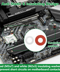 Thirty Piece M2 SSD Screws And NVMe Standoff Kit displaying red and white insulating washers on a motherboard, preventing shorts.