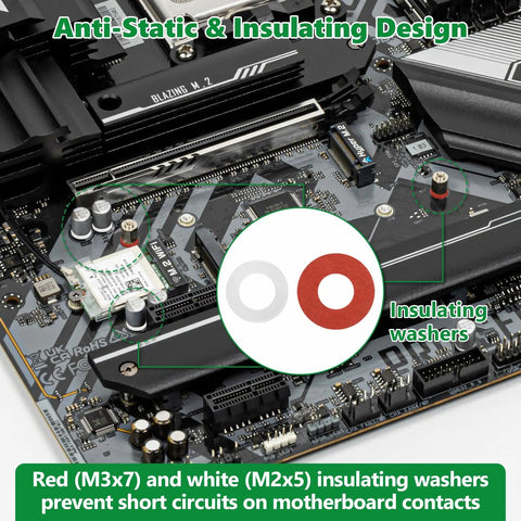 Thirty Piece M2 SSD Screws And NVMe Standoff Kit displaying red and white insulating washers on a motherboard, preventing shorts.