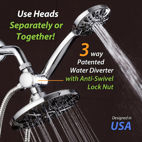 7 Inch Premium High Pressure Rainfall Shower Head And 6 Setting Handheld Combo With 3 Way Diverter Chrome Finish Shower