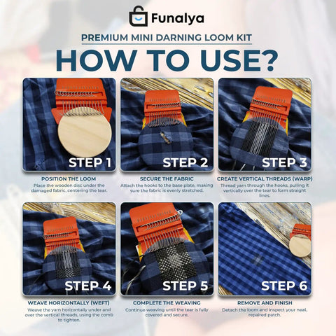 How to use Ultimate Darning Loom Kit With Darning Egg, 14 Hooks, 10 Needles, 50 Color Threads for fabric repairs guide.