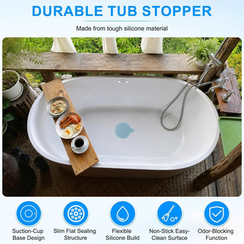 M METERXITY 2-Pack 5.9 in Silicone Tub Stopper, Bathtub Drain Stopper in a white bathtub on a wooden deck.