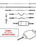 Various Olympic bars displayed with 48 Inch Olympic Curl Bar With Rotating Sleeves And Ring Collars For Home Gym