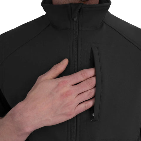 Men's Heavy Duty Softshell Vest With Smooth Four Way Stretch And Plush Fleece Lining, showing front zipped pocket detail.