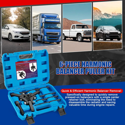 Harmonic Balancer Puller Kit With Adjustable 3 Jaw Pulley and accessories in blue plastic case with vehicle images
