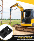 Yellow excavator with auger bit; inset of carbon steel Four Pack 3 Point Auger Cutting Edges With Screws Square Hole Teeth Replacement