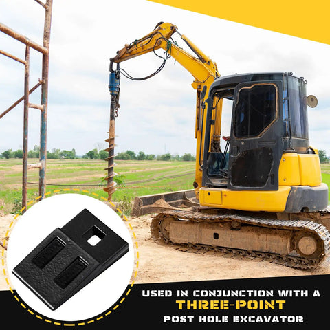 Yellow excavator with auger bit; inset of carbon steel Four Pack 3 Point Auger Cutting Edges With Screws Square Hole Teeth Replacement