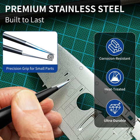Close-up of 9 Piece ESD Precision Tweezers Set Anti Static Stainless Steel for Electronics Repair with durability features