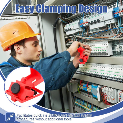 Worker using 12 Pack Clamp On Circuit Breaker Lockout Device For LOTO Safety, OSHA Compliant, Single Pole Lockout with Durable Nylon