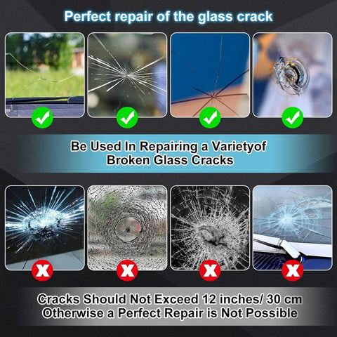 Windshield Repair Kit For Cars, 4-Piece Auto Glass Repair Set use cases showing fixes for chips and star cracks in laminated glass