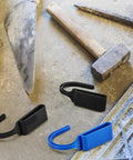 Heavy Duty Tool Belt Clips Six Pack For Securely Holding Your Hammer Drill Power Tools in black and blue with tools.