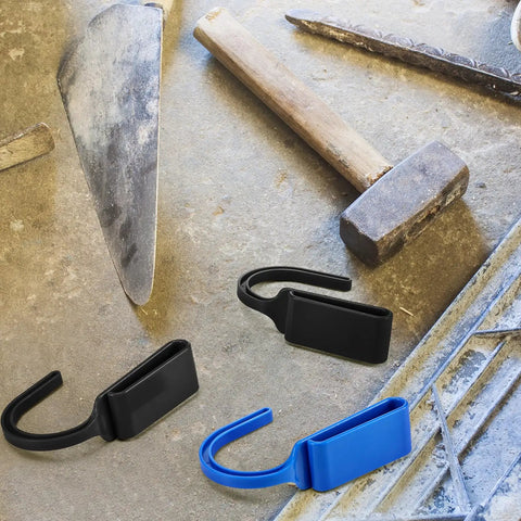 Heavy Duty Tool Belt Clips Six Pack For Securely Holding Your Hammer Drill Power Tools in black and blue with tools.