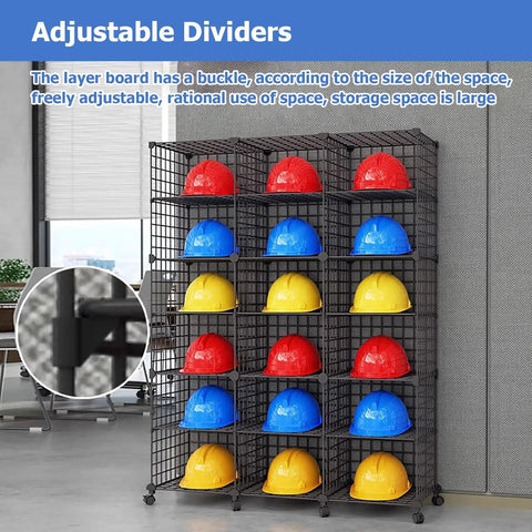 Heavy Duty Helmet Storage Box On Wheels Adjustable Stackable Hard Hat Organizer For Garage Workshop And Job Site 32 Grids 8 Layers Floor Standing Display Shelf with colorful helmets