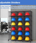 Adjustable Stackable Helmet Storage Box With Wheels 32 Grids And 8 Layers displayed with helmets