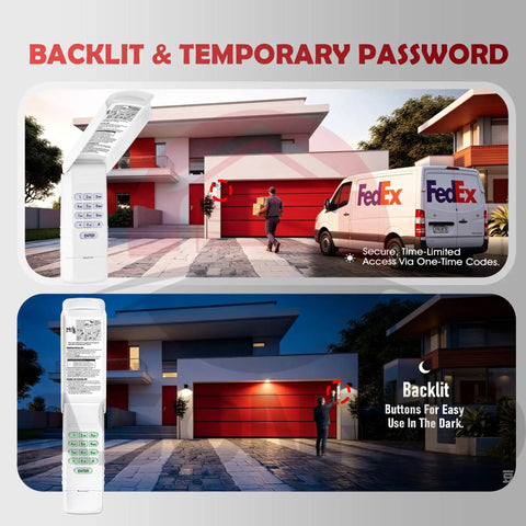 Wireless Universal Garage Door Opener Keypad CMXZDCG440 with backlit temporary password feature shown in residential setting