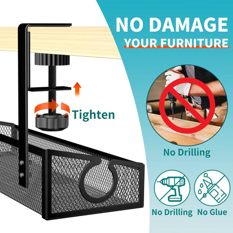 Illustration of No Drill Desk Cable Tray With Clamp showing easy installation, clamping mechanism, and no drilling required.