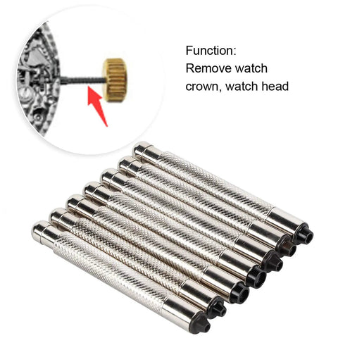 7 Piece Watch Crown Winder Tool Set 3.0 To 7.0mm Easy Mechanical Winding showing tools and function diagram