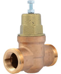 Brass pressure regulating valve, 1-in NPT threaded ends, metal top, front view.