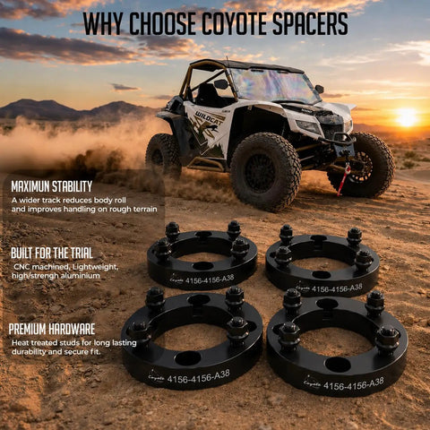 2 Pcs Atv Utv Wheel Spacers 4X156 1 Inch Thick 6061 T6 Aluminum 130Mm Hub 3/8 Studs on dirt beside a UTV.
