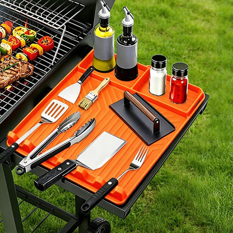 Rollable Silicone Grill Mat For Griddle Tools And BBQ Accessories, Heat Resistant, Non Slip Side Shelf Organizer With Drip Tray