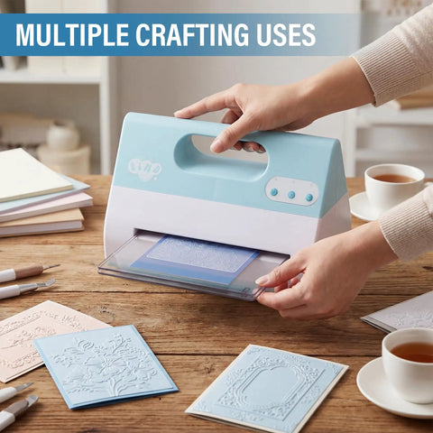 Electric Automatic A4 Die Cutting And Embossing Machine With Complete Accessory Kit in use for crafting on wooden table.