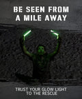 Man holding two green glow sticks, emphasizing 100 Pack Ultra Bright Emergency Glow Sticks Green Industrial Grade Survival Gear Lighting For Camping, Power Outages, Military Use With 12 Hour Glow, Individually Wrapped.