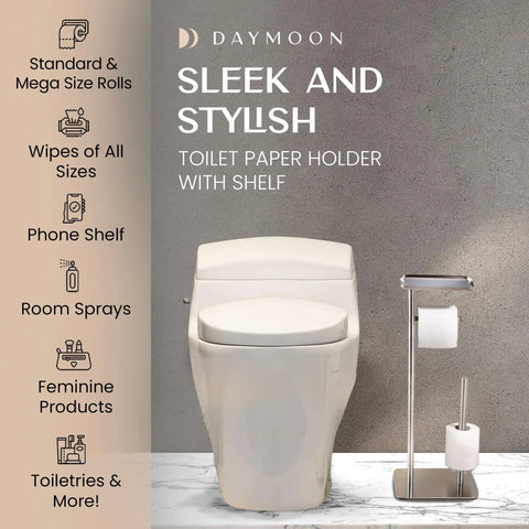Modern bathroom with Hidden Wipes Toilet Paper Holder With Built In Shelf Free Standing For Bathroom Modern Brushed Nickel Finish 1 Pack