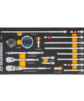 18 Piece 1/4 Inch 90-Tooth Ratchet And Drive Tool Set With EVA Foam Tray, Chrome Finish, organized in foam tray, top view.