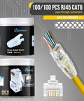 RJ45 Cat6 Pass Through Connectors and Strain Relief Boots Pack of 100 shown with transparent connectors and cables