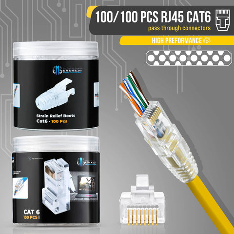 RJ45 Cat6 Pass Through Connectors and Strain Relief Boots Pack of 100 shown with transparent connectors and cables